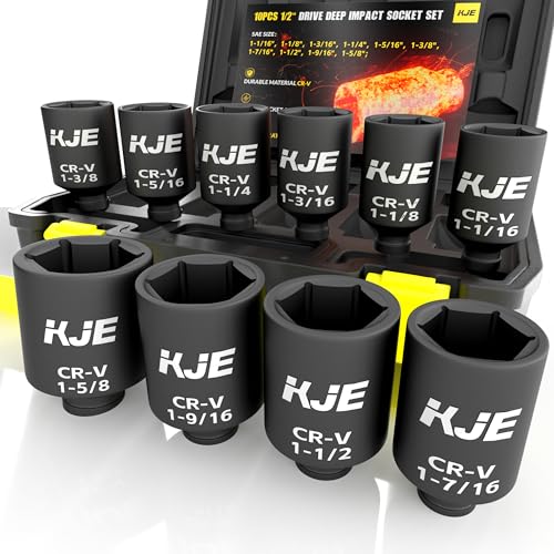KJE 10PCS 1/2 Drive SAE Deep Impact Socket Set, Size 1-1/16" to 1-5/8", large jumbo axle nut socket set, big heavy duty socket set - size: 10PCS SAE