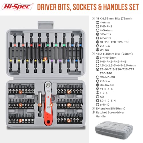 Hi-Spec 68pc Long Extended Screw Driver Bits and Mini Ratchet Wrench Handle Set. DIY Accessories Kit of 25 and 75mm Hex Shank Screwdriving Bits for Drill Drivers - size: 68 PCS