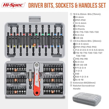 Hi-Spec 68pc Long Extended Screw Driver Bits and Mini Ratchet Wrench Handle Set. DIY Accessories Kit of 25 and 75mm Hex Shank Screwdriving Bits for Drill Drivers - size: 68 PCS