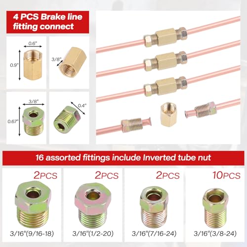 25 ft 3/16'' Copper Coated Brake Line Kit (Includes 16 Fittings and 4 Unions Brake Line Fittings) + Double & Single Flaring Tool Kit for Automotive, Fuel,Hydraulic Systems