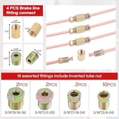 25 ft 3/16'' Copper Coated Brake Line Kit (Includes 16 Fittings and 4 Unions Brake Line Fittings) + Double & Single Flaring Tool Kit for Automotive, Fuel,Hydraulic Systems