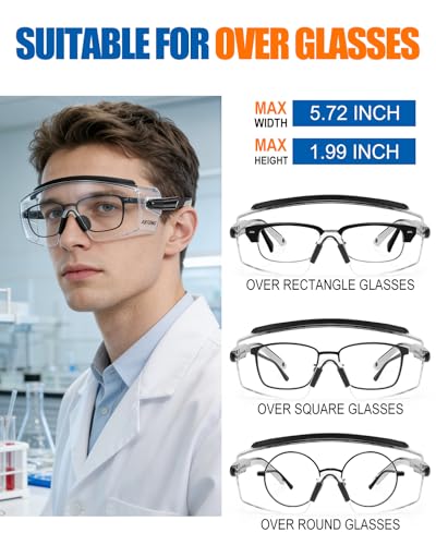 Safety Glasses Over Eyeglasses — ANSI Z87.1 Certified Safety Goggles with UV380 Anti-Fog and Scratch Clear Wraparound Lenses & Adjustable Temples — Ideal for Chemistry Lab Work & Industrial Use - color: Black