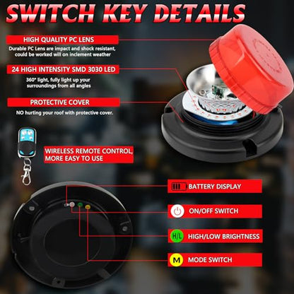 Remote Control Red Beacon Light, Rechargeable Wireless Red Flashing Lights with Magnetic, High Low Brightness, 15 Modes Mini Emergency Warning Safety Light for Snowplow Tow Work Trucks Tractor - color: Red