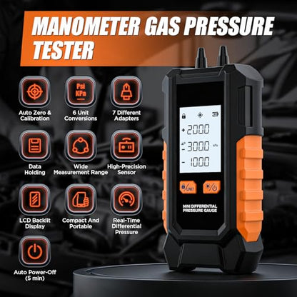 Digital Manometer -101~200kPa Manometer Gas Pressure Tester, Data Zero & Calibration Mini HVAC Gas Pressure Tester with Backlight LCD Display & Data Hold, 6 Units, 7 Adapters