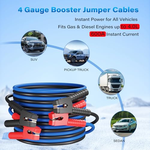 HiFind 4 Gauge Jumper Cables 15 FT for Car Battery, 4 AWG Heavy Duty Long Automotive Booster Wire, 600 Amp Emergency Starting Cable for Cars SUV Truck Vans RV With Alligator Clamps, Carrying Strap - size: 15FT, style: 4 Gauge