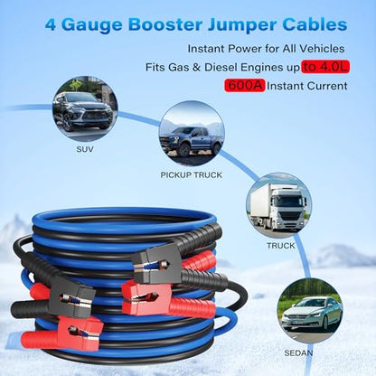 HiFind 4 Gauge Jumper Cables 15 FT for Car Battery, 4 AWG Heavy Duty Long Automotive Booster Wire, 600 Amp Emergency Starting Cable for Cars SUV Truck Vans RV With Alligator Clamps, Carrying Strap - size: 15FT, style: 4 Gauge
