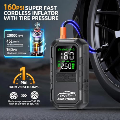 10-in-1 Car Battery Jump Starter with Air Compressor 8000A 160PSI Portable Car Jumper Starter (All Gas 12L Diesel), 12V Jump Box Car Battery Jump Starter Portable Jumper Cables, Lights (8000A) - size: 8000A