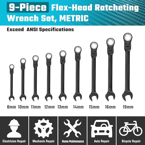 DURATECH 9-Piece Flex-Head Ratcheting Wrench Set, Combination Wrench Set, 72 Tooth, Metric, 8, 10, 11, 12, 13, 14, 15, 16, 17mm, Black Electrophoretic Coating, CR-V Steel, with Rolling Pouch - color: Black, size: 8-17mm