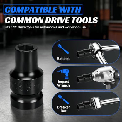2PCS 8mm Impact Socket 1/2" Drive, 6 Point Metric Shallow Socket, CR-V Steel Heavy Duty Impact Wrench Socket for Automotive Repair - size: 8mm