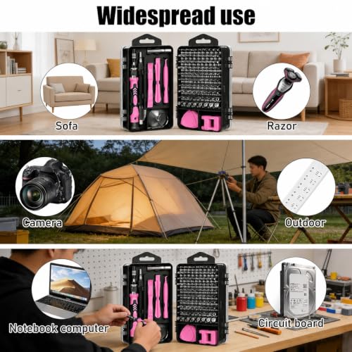 115-in-1 Precision Screwdriver Sets, Multiple Repair Tool Kit with Cluch Head and Bits Non Slip Handle and Tweezers for Electronics, Watch, Glasses, Automotive Maintenance, Pink - color: Lightpink