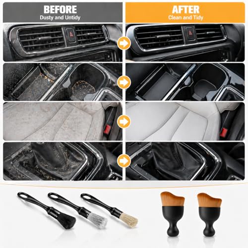 Car Detailing Brush Kit, 5PCS Auto Cleaning Brushes Set with Soft Boar Hair and Vent Brushes, Interior and Exterior Detailing Tools for Dashboard Wheels Air Vents, Universal Car Cleaning Kit