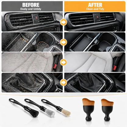 Car Detailing Brush Kit, 5PCS Auto Cleaning Brushes Set with Soft Boar Hair and Vent Brushes, Interior and Exterior Detailing Tools for Dashboard Wheels Air Vents, Universal Car Cleaning Kit