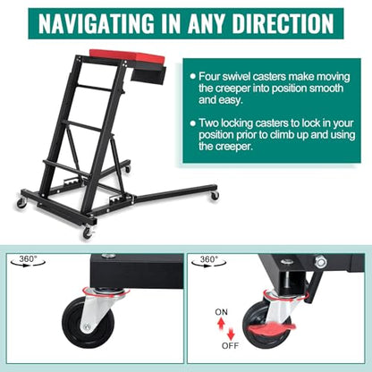 400lbs Top Automotive Creeper for Mechanics, Adjustable Height Engine Creeper 42.5"-64.8" with 4 Swivel Caster Wheels and Padded Deck, Foldable Car Creeper for Home Garage Workshop