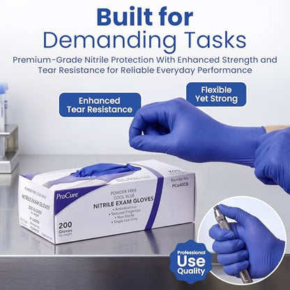 ProCure [200 Count] Disposable Nitrile Gloves - Latex Free, Powder Free Medical Exam Gloves - color: Blue (Large)