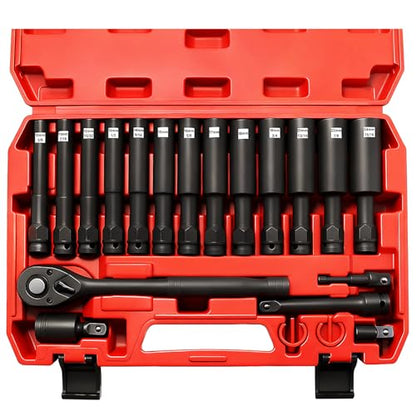 1/2" Drive Impact Socket Set, Heavy Duty Industrial-Grade Deep Sockets, Metric/SAE Extension Bars Standard Deep Socket Set, universal joint, and impact-resistant adapter, Cr-V Steel