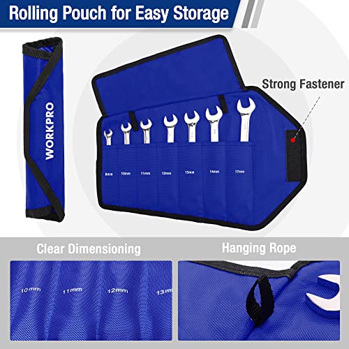 WORKPRO 7-Piece Ratcheting Combination Wrench Set, 72 Teeth, Cr-V Constructed, Combo Ratchet Wrenches Set with Roll Up Pouch, Metric 8mm-17mm - size: Metric