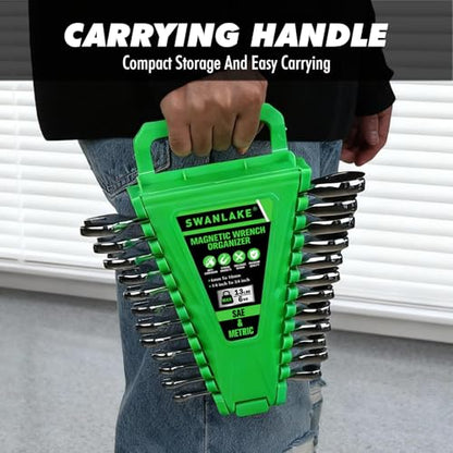 2-Piece Magnetic Wrench Organizer, Metric & SAE Portable Plastic Wrench Holder, 24-Slot Total, Foldable Carrying Handle for Wall-Mounted, Easy-Open Lock Cover, Wrenches Storage Rack Tool for Tool Box - style: 24-Slot with Cover