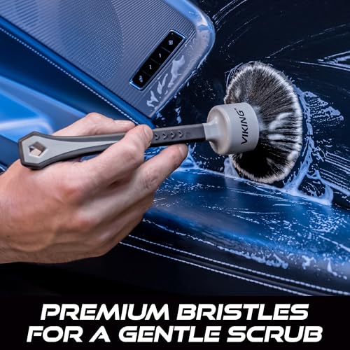 VIKING Car Detailing Brush Set for Car Cleaning Kit, Super-Soft Bristles for Interior Detail, Black/Grey, Includes Medium 1 Inch Diameter and Large 1.5 Inch Diameter Brush Heads, 2 Pack