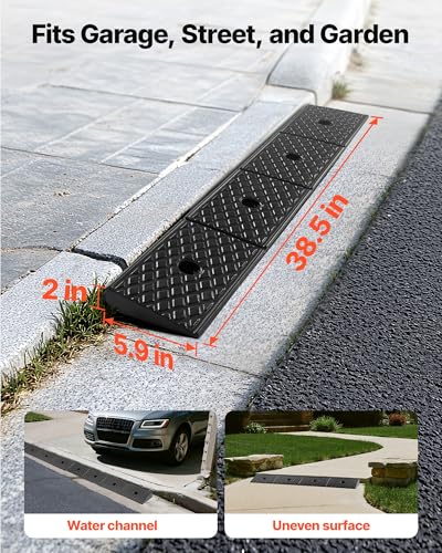VEVOR 2 Pack Rubber Curb Ramp, 33069 lbs Load Capacity, 2 Inches Rise Height Heavy Duty Rubber Threshold Ramp with Drainage Tank for Strollers, Motorcycles, Cars, Lawn Mowers & Trailers