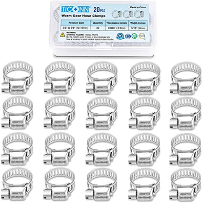 TICONN 20PCS Hose Clamp Set - 3/8''–5/8'' 304 Stainless Steel Worm Gear Hose Clamps for Pipe, Intercooler, Plumbing, Tube and Fuel Line - size: SAE #4 20PCS 3/8"~5/8"