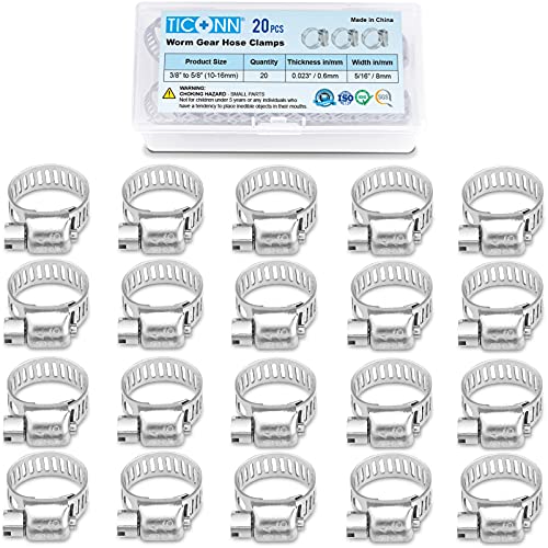 TICONN 20PCS Hose Clamp Set - 3/8''–5/8'' 304 Stainless Steel Worm Gear Hose Clamps for Pipe, Intercooler, Plumbing, Tube and Fuel Line - size: SAE #4 20PCS 3/8"~5/8"