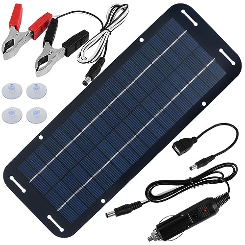 Solar Panel Kit - 12V Solar Trickle Charger, IP65 Portable Solar Powered Charger Kit with 4 Suction Cups, High-Efficiency Car Battery Charger Maintainer for Car RV Boat Motorcycle