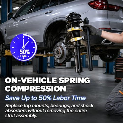 Heavy Duty On-Vehicle Strut Spring Compressor Kit for SUVs and Trucks | 4500kg/9921lbs cap, heat-treated steel ACME screw. 3 yoke pairs: 2.6"-8.3" OD. U-shaped fork for knuckle & ball joint work.