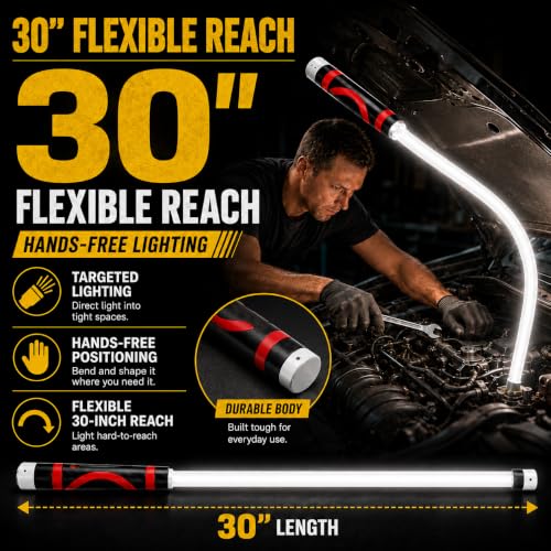 Flexible LED Light Stick 30", Rechargeable Bendable Mechanic Work Light, 1200 Lumens Inspection Light with 360° Flexible Neck, IPX6 Waterproof for Car Repair, Under Hood, Garage and Tight Spaces