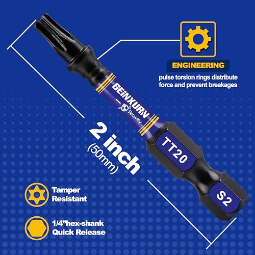Geinxurn 2 In. Security T20 Impact Magnetic Screwdriver Bit Set, 15 Pieces #20 Torx Head Power Bit Set, S2 Alloy Steel Hollow Star Bit Set - size: 2"-15PCS, style: TT20