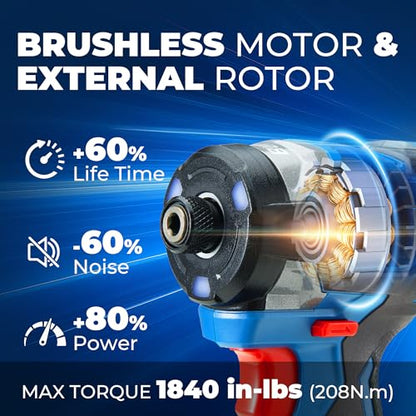 Dong Cheng 20V 4.2" Compact Impact Driver, 1840in-lbs Torque, with 2 x 2.0Ah Batteries, 1/4" Hex Chuck, 3200RPM, 4300IPM, Brushless Impact Driver for Cabinetry, Deck Building & HVAC Installation - style: 1840in-lbs, 2x Battery, Upgrade