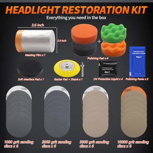 VIBRATITE 37PCS Headlight Restoration Kit, 3" Drill Sanding & Polishing Kit | Removes Cloudy Headlights, Oxidation, Yellowing and Minor Scratches, Restorer to Like-New Condition - size: 37 PCS