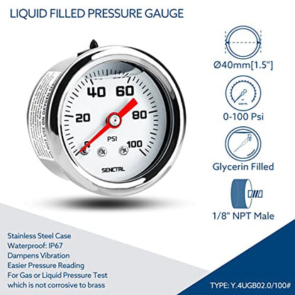 SENCTRL 0-100 Psi Fuel Pressure Gauge, 1-1/2" Dial Size, 1/8" NPT Back Mount, Glycerin Liquid Filled, Stainless Steel Case, Inline Low Pressure Gauge, for Water Oil Air Pressure Test - size: 0-100 Psi, style: Back Mount