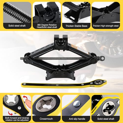 Car Jack Kit, Scissors Jack car, Max 2 ton (4,409 lb) Capacity, tire Jack Tool kit, Power Saving Ratchet Handles, Steel Scissors for tire Wrenches only, for Emergency use only