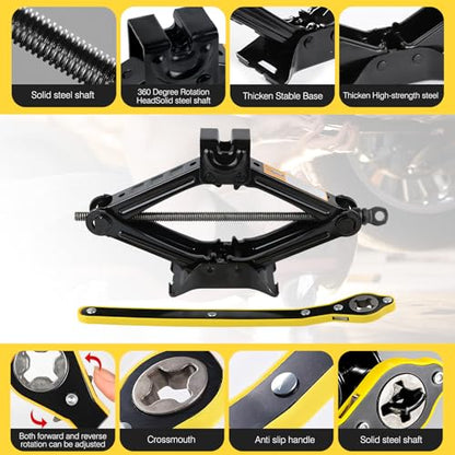 Car Jack Kit, Scissors Jack car, Max 2 ton (4,409 lb) Capacity, tire Jack Tool kit, Power Saving Ratchet Handles, Steel Scissors for tire Wrenches only, for Emergency use only