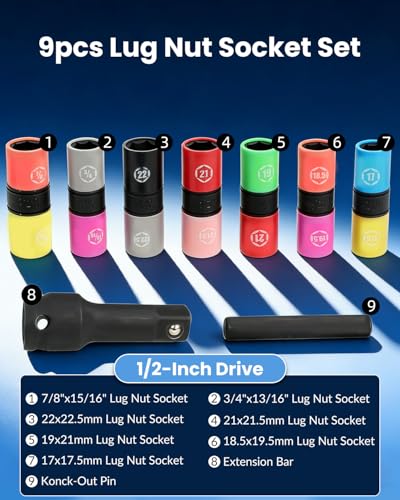 Lug Nut Socket Set 1/2" Drive Impact Half Size Thin Wall Flip Socket Set | SAE Metric 17 17.5 18.5 19.5 19 21 21.5 22 22.5mm 3/4, 13/16, 7/8, 15/16 In. Wheel Lug Nut Remove Non Marring Socket Set - size: SAE Metric 9PC