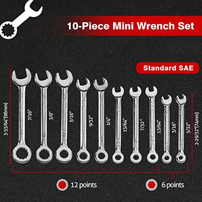 SPEEDWOX 10-Piece Mini Wrench Set, Standard SAE Sizes, High Carbon Steel, Portable Canvas Bag - size: SAE