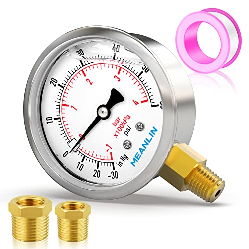 MEANLIN MEASURE -30inHG~60Psi Stainless Steel 1/8" NPT 2.5" FACE DIAL Vacuum Pressure Gauge, Lower Mount, with 1/4" NPT and 3/8" NPT Hex Bushing - size: -30inHG-60Psi
