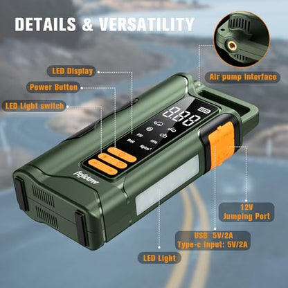 Jump Starter with Air Compressor, 6000A Car Battery Jump Starter, 20000mAh Battery Jumper Starter Portable for 10L Gas/Diesel Engine with 160PSI Booster, LED Display & Light, Jumper Cables - size: 6000A+20000mAh