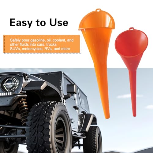 2 PCS Long Neck Oil Funnel, PP Anti-Spill No Cover Car Filling Funnel with Hanging Loop, Hand-Free Portable Oil Change Accessory, Suitable for Most Cars Motorcycles (Red)