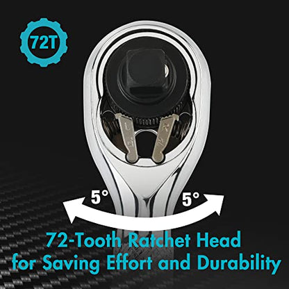 DURATECH Stubby Ratchet Set, 1/4-Inch and 3/8-Inch Ratchets with 2 Extension Bars, 4-piece, 72-T Reversible Quick-Release Head, Chrome Plated Finish and Full Polish - style: 1/4" & 3/8" Single Head Ratchets + Extension Bars