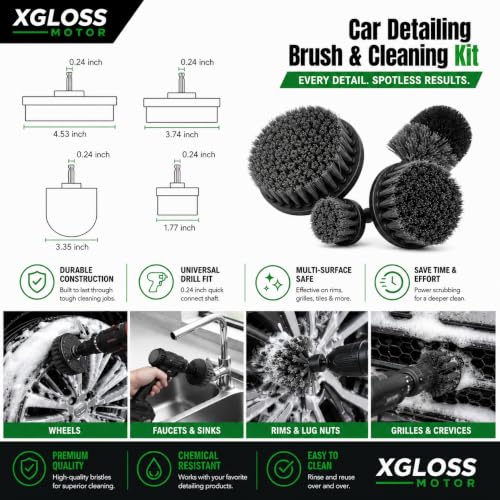 XGloss Motor™ 19-Piece Car Detailing Brush & Cleaning Kit – Drill Brush Set, Detail Brushes, Wheel Brushes, Wash Mitt, Towel, Vent & Dusting Brushes, Applicator Pad & Storage Bag