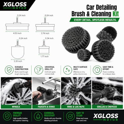 XGloss Motor™ 19-Piece Car Detailing Brush & Cleaning Kit – Drill Brush Set, Detail Brushes, Wheel Brushes, Wash Mitt, Towel, Vent & Dusting Brushes, Applicator Pad & Storage Bag