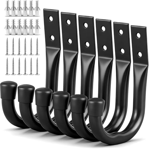 Heavy Duty Garage Storage Hooks, 6-piece Bike Hooks for Garage Wall, Utility Garage Hooks, Wall Mount J Hook for Hanging, Large Metal Storage Organizer Tool, Extension Cord Hanger - color: 6-Piece Black