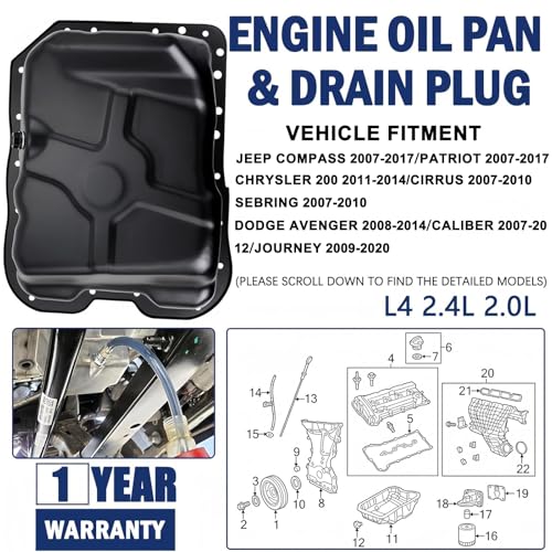 4884665AC Engine Oil Pan with Drain Plug&Gasket and 20 Screws Fits For Dodge(AVENGER/CALIBER/JOURNEY);Jeep(COMPASS/PATRIOT);Chrysler(Cirrus/200/SEBRING/);L4 2.4L 2.0L # 264-361