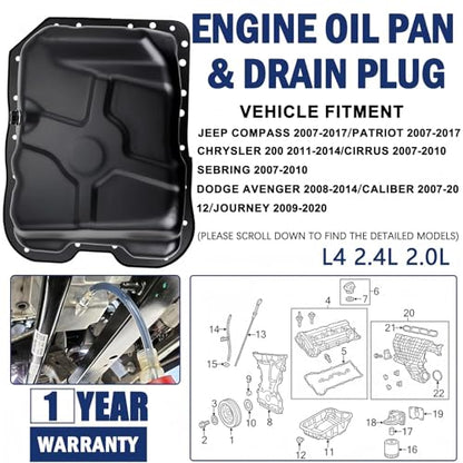 4884665AC Engine Oil Pan with Drain Plug&Gasket and 20 Screws Fits For Dodge(AVENGER/CALIBER/JOURNEY);Jeep(COMPASS/PATRIOT);Chrysler(Cirrus/200/SEBRING/);L4 2.4L 2.0L # 264-361
