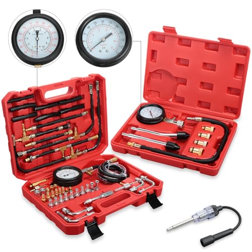 Therwen 45 Pcs Gauge 0-140 Psi Fuel Injection Pressure Tester Kit 8 Pcs Gauge 0-300 Psi Compression and Spark Plug Tester, Oil Pressure Gauge Automotive Tool Kit for Motorcycle Car Truck