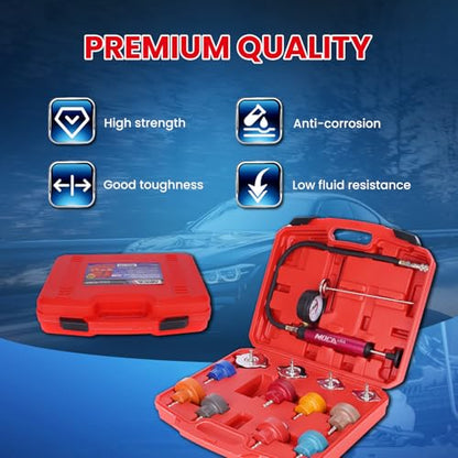 MOCA 14-Piece Aluminum Radiator Pressure Tester Tool Kit, Vacuum Pressure Cooling System Coolant Pressure Leak Detector with Hand Pump and Adapters for Automotive Vehicles - size: 14 PCS