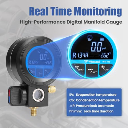 WISSCOOL Digital Gauge HVAC for R134A,R454B,R1234y,R32,R22,R410a | Pressure Recharge Manifold Gauge with LCD 24 Kinds Refrigerants Leak Detection AC Single Test Gauges for AC Charging