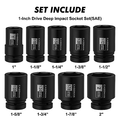 CASOMAN 1-Inch Drive Spindle Axle Nut Impact Socket Set, Deep, 1" to 2", 9PCS Impact Large Socket Set, 6-Point, SAE, CR-MO - size: 9 pcs (25.4 mm - 50.8 mm), style: Deep
