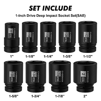 CASOMAN 1-Inch Drive Spindle Axle Nut Impact Socket Set, Deep, 1" to 2", 9PCS Impact Large Socket Set, 6-Point, SAE, CR-MO - size: 9 pcs (25.4 mm - 50.8 mm), style: Deep